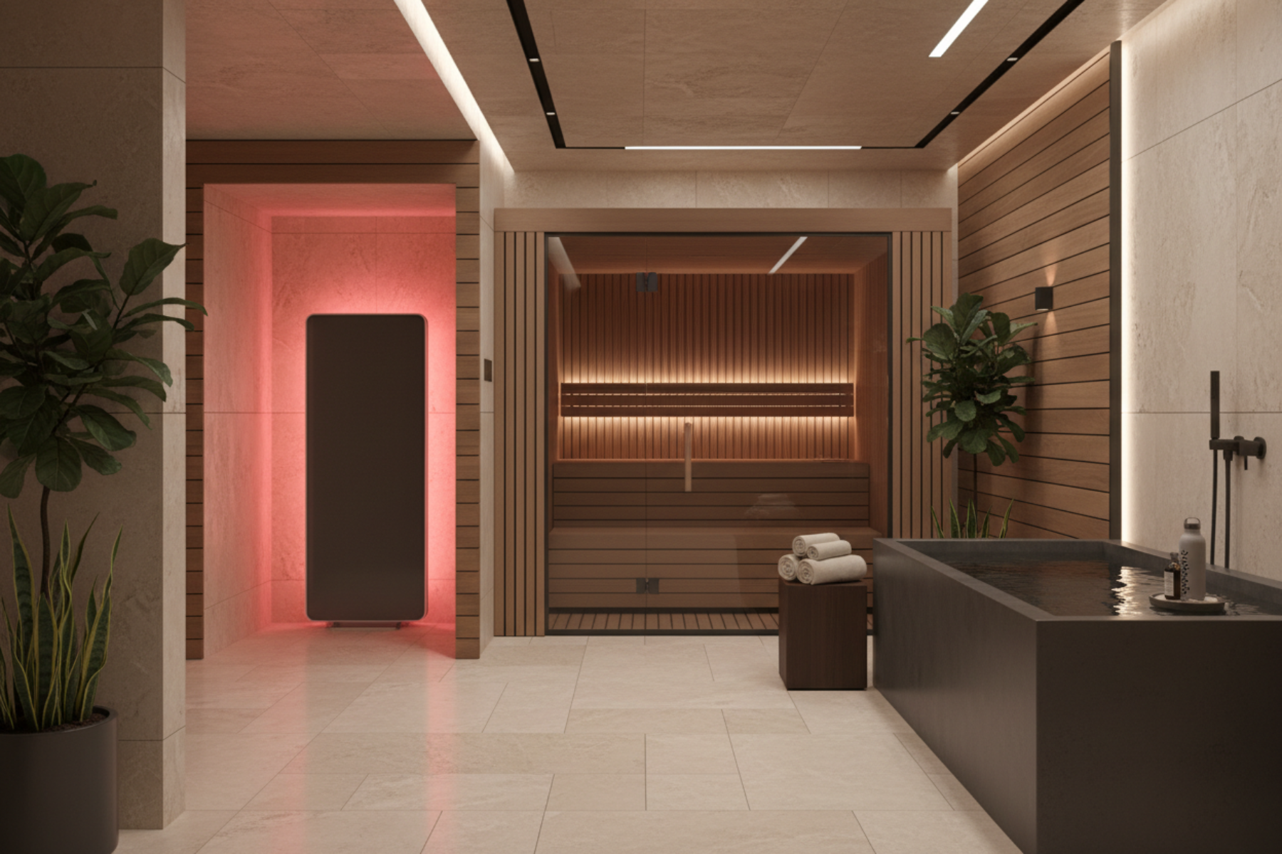A calm, high-end residential wellness recovery space with soft, controlled lighting, premium materials, and discreetly integrated recovery equipment that feels intentional, private, and unmistakably elite. recovery equipment includes red light red, infrared sauna, cold plunge