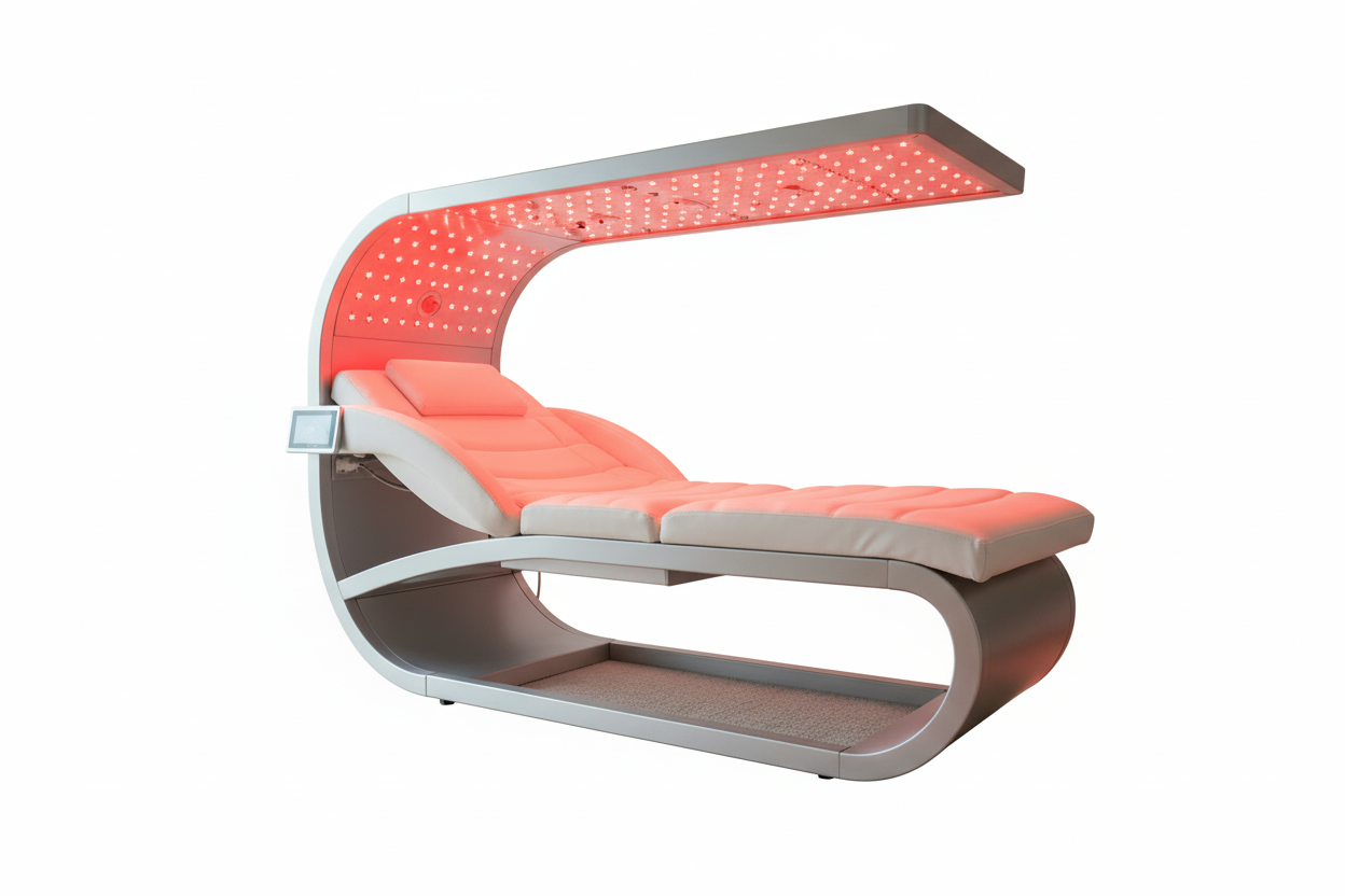 please generate this EXACT red light therapy bed from the photo but with just a white background
