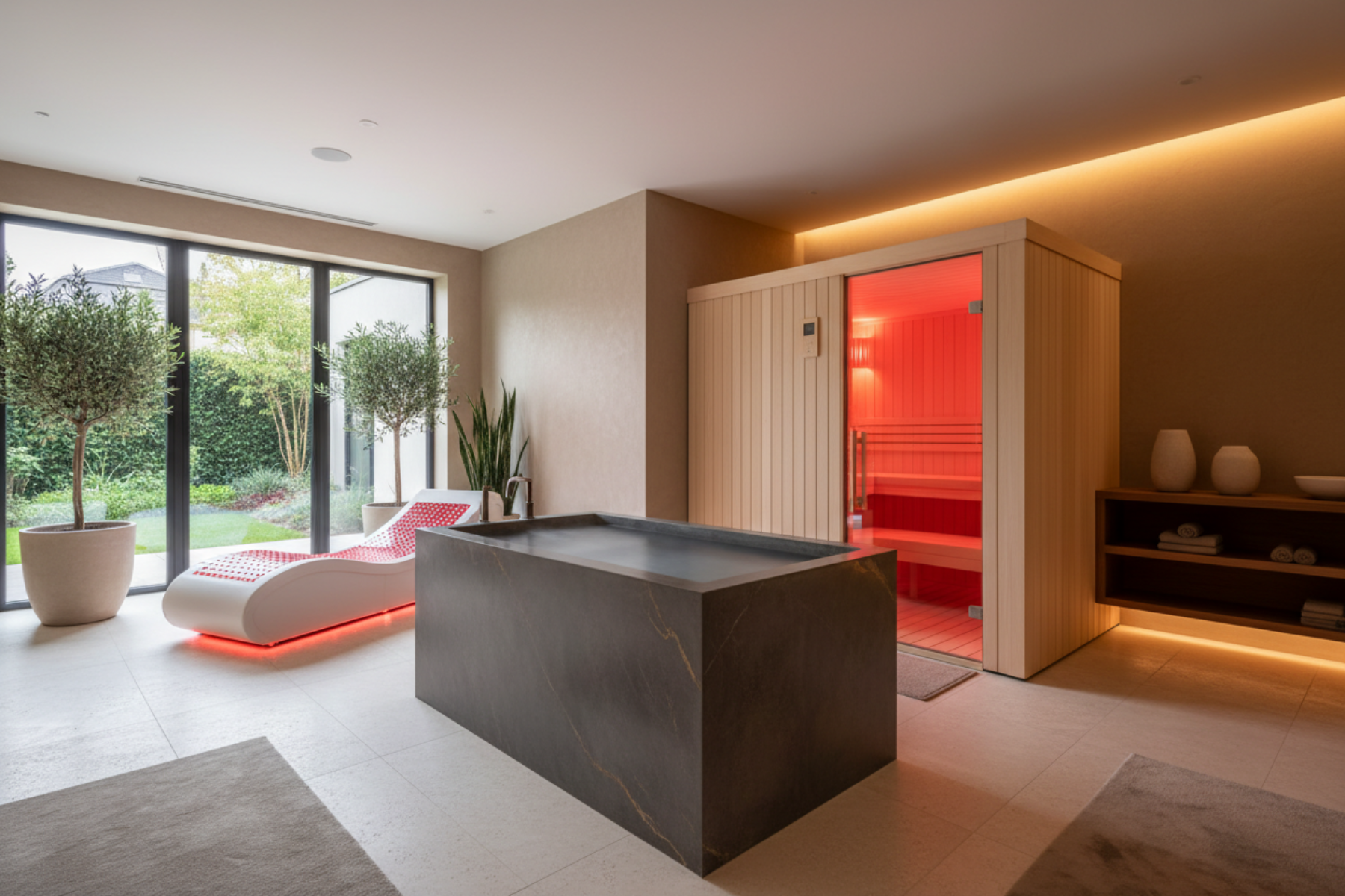 A refined, detail-forward view of core in-home recovery systems - a sculptural cold plunge, a softly glowing infrared sauna, and a red light therapy bed - integrated into a modern residential wellness space with premium materials, warm ambient lighting, and clean architectural lines, emphasizing craftsmanship, performance, and quiet luxury without a clinical feel.