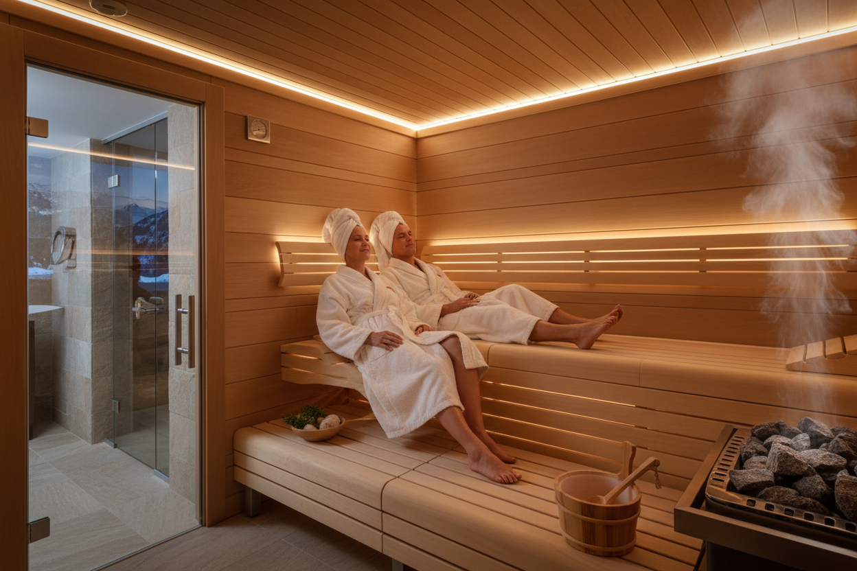 a wealthy middle aged couple relaxing in a sauna