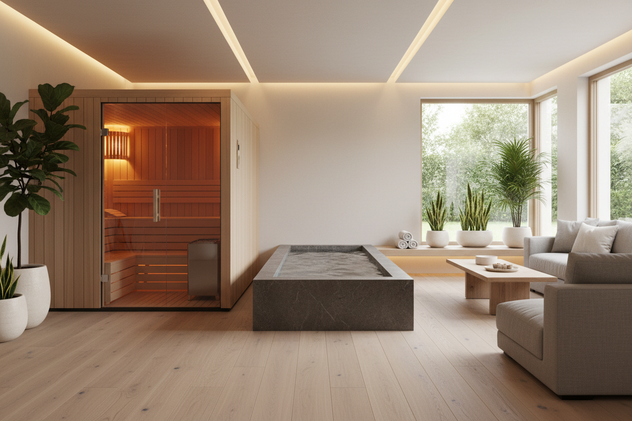relaxing home recovery room with sauna and cold plunge